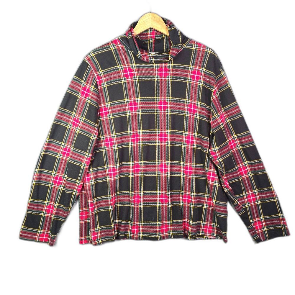 J Crew Plaid Mock Neck Top Red Green Tartan 3X Classic Preppy